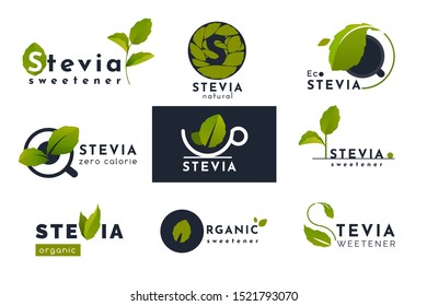 Stevia leaves icons set for natural herbal sweetener isolated on white background. Dietary product tags for package design. Healthy sugar with zero calories, organic food stickers. Vector illustration