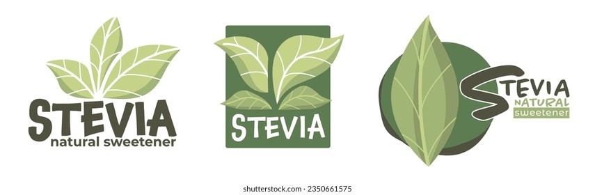 Stevia leaves, an organic and natural sweetener alternative to sugar. Tasty and healthy products for diabetics and dieting, nourishment and nutrition supplements and food. Vector in flat style