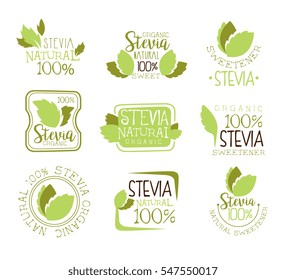 Stevia Natural Food Sweetener Additive And Sugar Substitute Set Of Green Color Logo Design Templates With Plant Leaves