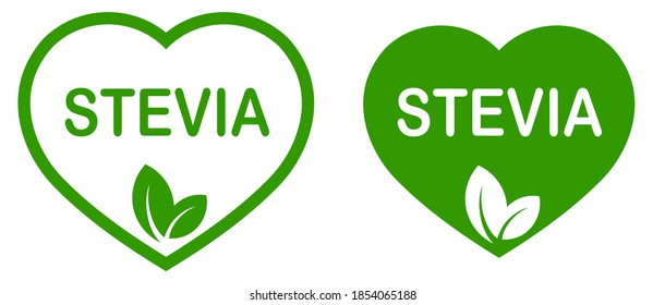 Edulcorante natural de Stevia. Etiqueta del producto vegetal vegano. Sello verde en forma de corazón. Logo o icono. Dieta. Pegatina. Vegeteriano. Orgánico 