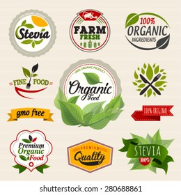Stevia And Organic Food Label Set. Farm Fresh Label And Logo Element. Organic,bio,ecology Natural Design Template. Easy Editable For Your Design. Retro Logotype Icon.