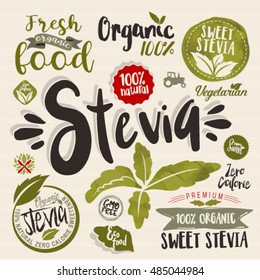 Stevia and Organic food label Set. Farm Fresh label and Logo element. Organic,bio,ecology natural design template. Easy editable for Your design. Retro natural look logotype icon.