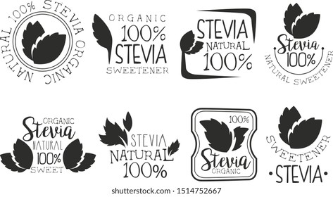 Stevia organic product logo set, natural sweetener black and white badge, label, sticker vector Illustrations on a white background