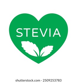 Stevia Sweet Green Heart Vector Symbol with Leaves on White Background. Sugar Substitute. Organic, Bio and Ecological Icon. Health Care Logo Element.