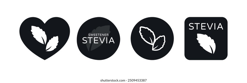 Stevia Sweet Set com Planta Folhas Símbolos Vetoriais no Fundo Branco. Suplente de Açúcar. Ícone orgânico, biológico e ecológico. Etiquetas de cuidados de saúde.