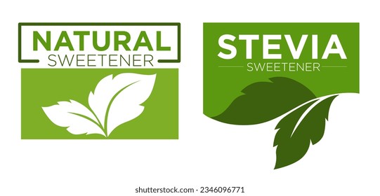 Stevia sweetener natural ingredients and components, isolated dieting and nourishment. Consumerism and eating healthy and organic products. Logotype or banner for package. Vector in flat style