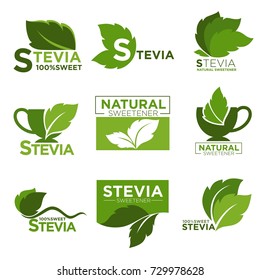 Stevia sweetener sugar natural substitute vector healthy product icons and labels