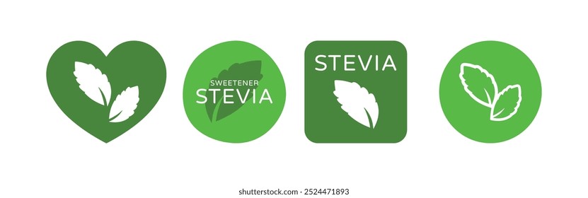 Stevia Sweetener Vetor Rótulos Verdes Conjunto com Folhas de Plantas em Diferentes Formas. Suplente de Açúcar. Ícone orgânico, biológico e ecológico. Etiquetas de cuidados de saúde para embalagens de chá e Web.