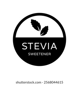 Stevia Sweetener Vector Round Label with Plant Leaves. Sugar Substitute. Organic, Bio and Ecological Icon. Health Care Labels for Tea Packaging and Web.