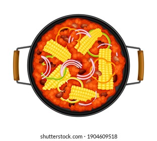 Stew with Beans, Tomatoes and Corn in Frying Pan as Traditional Mexican Dish Vector Illustration