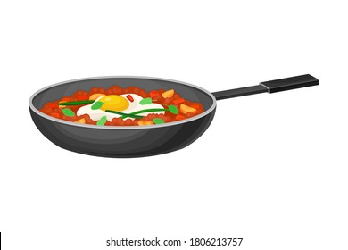 Stew with Beans and Tomatoes as Spanish Cuisine Dish Served in Frying Pan Vector Illustration