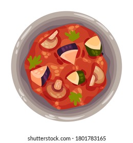 Stew or Boiled Dinner with Mushrooms Garnished with Herbs as Portuguese Dish View from Above Vector Illustration