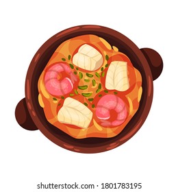 Stew or Boiled Dinner with Seafood Garnished with Herbs as Portuguese Dish View from Above Vector Illustration