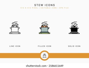 Stew icons set vector illustration with solid icon line style. Kitchen utensils concept. Editable stroke icon on isolated background for web design, user interface, and mobile application