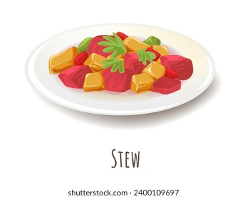 Stew of lamb, potatoes, onions and thyme. Traditional dish of Patricks Day. Isolated plate with meat, vegetables and seasonings cooked in flavorful liquid as broth, wine or beer. Vector in flat style