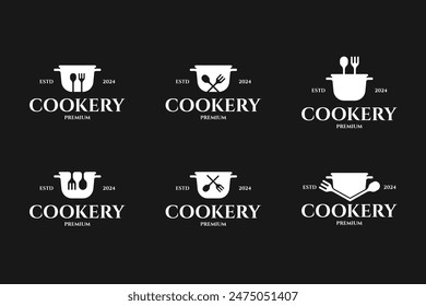 Stew pan with fork spoon logo design for cooking, cuisine, cookery template vector illustration idea