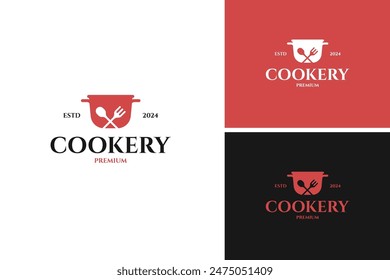 Stew pan with fork spoon logo design for cooking, cuisine, cookery template vector illustration idea