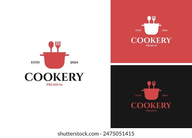 Estofado de la sartén con el diseño del logotipo de la cuchara de tenedor para cocinar, cocina, idea de la Ilustración vectorial de la Plantilla de cocina