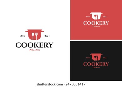 Stew pan with fork spoon logo design for cooking, cuisine, cookery template vector illustration idea