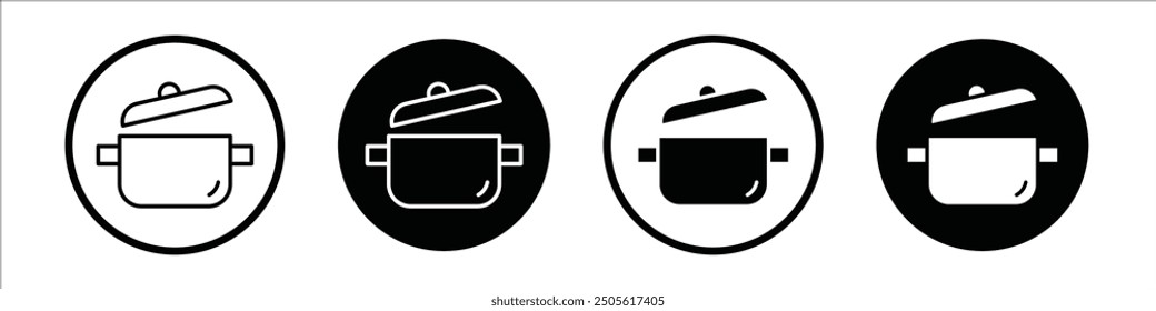 Stew pot vector icon set black filled and outlined style.