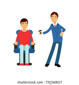 Steward in blue uniform serving passengers on the airplane, airline working process vector Illustration