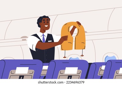 Steward during safety instructions in air plane, life vest demonstration. Flight attendant standing in airplane aisle, instructing, explaining security rules for emergency. Flat vector illustration