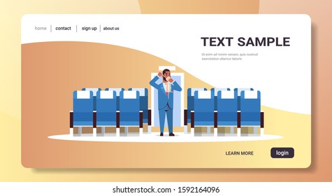 steward explaining how to use oxygen mask african american flight attendant in uniform safety demonstration concept airplane board interior horizontal copy space vector illustration