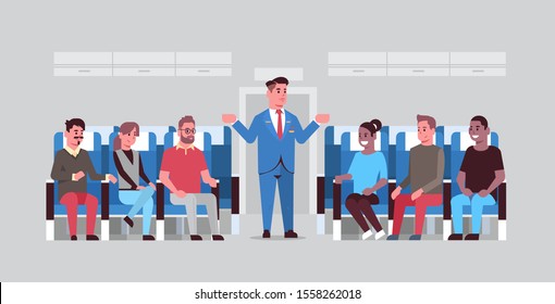 steward explaining instructions for mix race passengers male flight attendant in uniform gesturing hands showing emergency exits safety demonstration concept airplane board interior horizontal vector