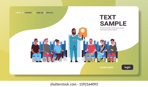 steward explaining for mix race passengers how to use life vest jacket african american flight attendant in uniform safety demonstration concept airplane board interior horizontal copy space vector