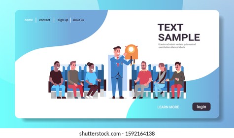 steward explaining for mix race passengers how to use life vest jacket male flight attendant in uniform safety demonstration concept airplane board interior horizontal copy space vector illustration