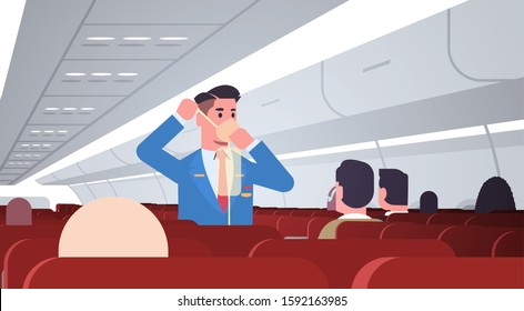 steward explaining for passengers how to use oxygen mask in emergency situation male flight attendant safety demonstration concept modern airplane board interior horizontal vector illustration