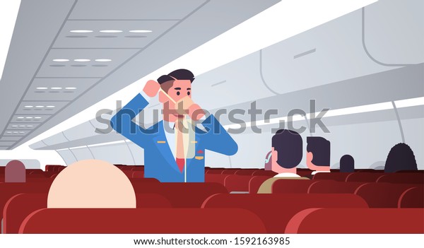 steward explaining for passengers how to use\
oxygen mask in emergency situation male flight attendant safety\
demonstration concept modern airplane board interior horizontal\
vector illustration