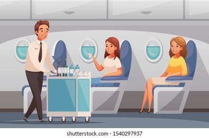 Steward Offering Drinks To Passengers In Plane Cartoon Vector Illustration