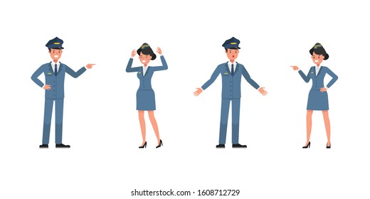 Steward and stewardess character vector design. Presentation in various action.