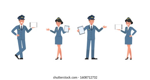 Steward and stewardess character vector design. Presentation in various action.