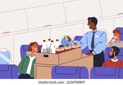 Steward with trolley in plane aisle, offering drinks for passengers. Flight attendant with cart in airplane, aircraft during inflight service. People on seats ordering food. Flat vector illustration