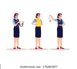 Stewardes emergency instructions semi flat RGB color vector illustration set. Female airplane attendant demonstrate safety rules. Aircraft staff member isolated cartoon character on white background