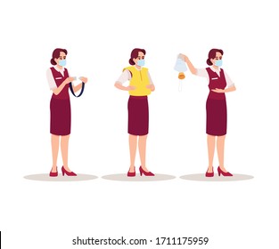 Stewardes emergency instructions semi flat RGB color vector illustration set. Female airplane attendant in medical mask. Aircraft staff member isolated cartoon character on white background