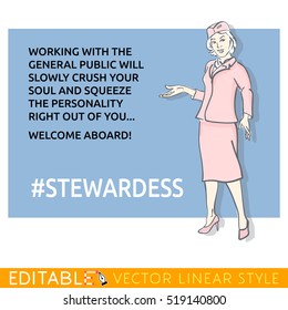 Stewardess about soul and personality. Meme card. Editable outline sketch. Stock vector illustration.
