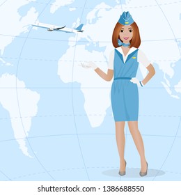 Stewardess against the background of the world map. Travel concept. Vector illustration.