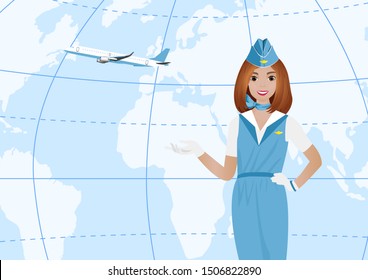 Stewardess against the background of the world map. Travel concept. Vector illustration.