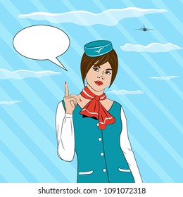 Stewardess against the sky and clouds. An empty speech bubble.The flight attendant talks about the rules of conduct on board. Vector illustration organized in layers for easy editing
