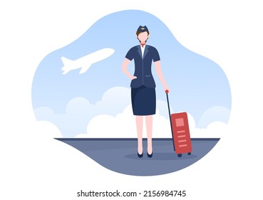 Stewardess or Air Hostess with Blue Uniform and Carry a Suitcase at Airport in Cartoon Vector Illustration