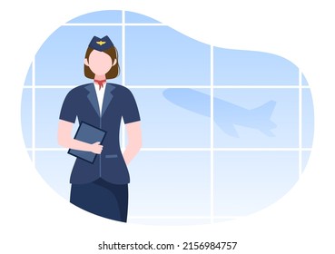 Stewardess or Air Hostess with Blue Uniform and Carry a Suitcase at Airport in Cartoon Vector Illustration