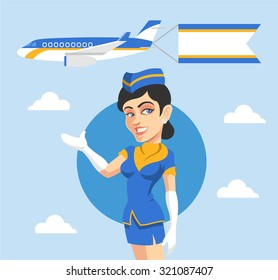 Stewardess and airplane behind her. Vector illustration