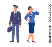 Stewardess and airplane pilot in uniform isolated flat cartoon characters in uniform. Vector aircraft staff, air crew and flight attendant. Man and woman airport employees job occupation personnel