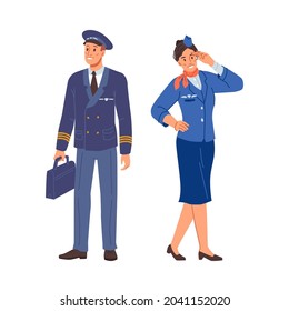 Stewardess and airplane pilot in uniform isolated flat cartoon characters in uniform. Vector aircraft staff, air crew and flight attendant. Man and woman airport employees job occupation personnel