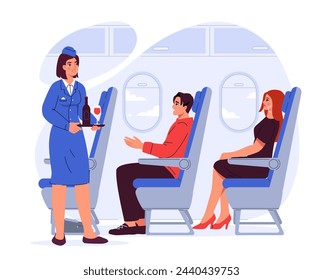 Azafata en el avión. Mujer en uniforme con bandeja con vino cerca de hombre y mujer dentro del avión. Viajes y vuelos, turismo. Ilustración plana del vector de la historieta aislada sobre fondo blanco