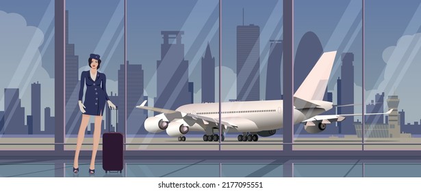 Stewardess at the airport, against the background of the plane and the city. Vector.