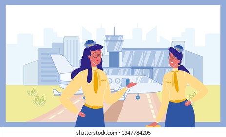 Stewardess in Airport Color Vector Illustration. Flight Attendant. Colleagues Talking. Airlines. Aircrew Members. Female Character in Professional Uniform. Terminal, Departure Lounge. Modern Cityscape
